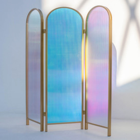Acrylic Folding Room Divider Clear Iridescent 3-Panel Free Standing in Gold