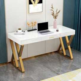 Modern White and Gold Rectangular Writing Desk in MDF & Metal Home Office Desk