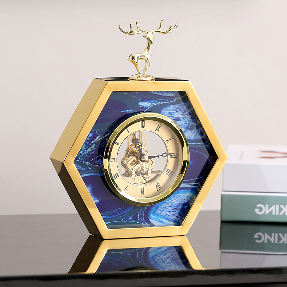 Glam Metal and Agate Design Deer Head Hexagon Desk Clock Home Decor Gold Table Clock