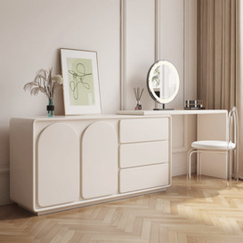 Modern White Makeup Vanity Retractable Dressing Table with Doors & Drawers Beauty Station for Bedroom