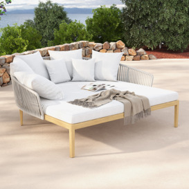 Modern Rattan & Metal Outdoor Patio Daybed White & Gray with Cushion Pillow
