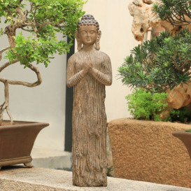 Outdoor Garden Standing Pray Buddha Statue Patio Distressed Brown Resin Sculpture Decor