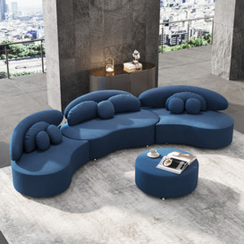 Modern 7-Seat Sofa Curved Sectional Modular Blue Velvet Upholstered with Ottoman