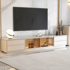 2200mm White Wood Rectangle TV Stand Sintered Stone Top 4-Drawer Glass Doors Cabinet