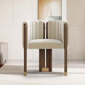 Modern Wood Accent Chair Beige Velvet Upholstered Arm Chair