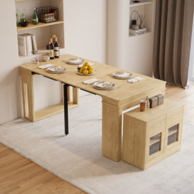 Modern Extendable Dining Table Rectangle Sideboard with Storage in Natural & Grey