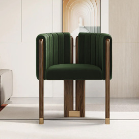 Modern Wood Accent Chair Green Velvet Upholstered Arm Chair