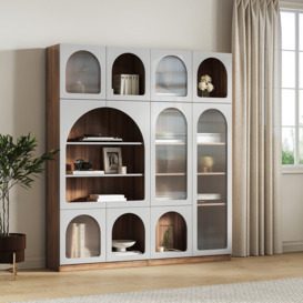 1800mm x 800mm Modern Arch Bookcase in Walnut & Grey 5-Tier Bookshelf with Doors Set of 2 & Rich Storage