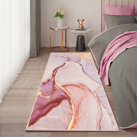 600mm x 2400mm Pink and Gold Abstract Modern Runner Rug Kitchen & Hallway Carpet with Flowing Pattern
