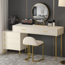 Modern White Makeup Vanity Set Retracted Dressing Table Cabinet & Stool & Mirror