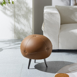 450mmDia Modern Round Buttoned Faux Leather Pouf Ottoman Upholstered Footstool in Brown