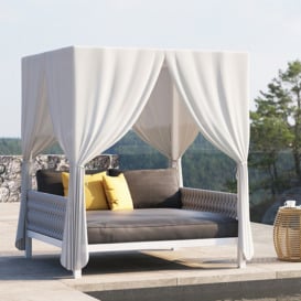 White Aluminium & Grey Woven Rope 2-Person Outdoor Patio Daybed with Canopy Curtains