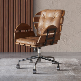 Brown Industrial Swivel Office Chair Leather Upholstered Task Chair Adjustable Height