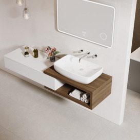 Modern Extendable Floating Bathroom Vanity Set Wall Mounted Vanity in White & Walnut