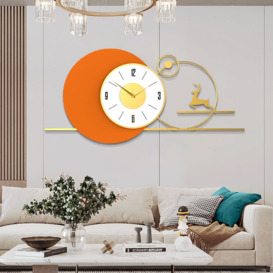 White & Orange Large Round Metal Wall Clock with Gold Pointer Modern Home Deer Decor Art