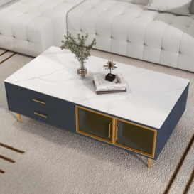 Cofab Modern Blue Coffee Table with 2 Glass Door Storage & 4 Drawers Gold Metal Legs