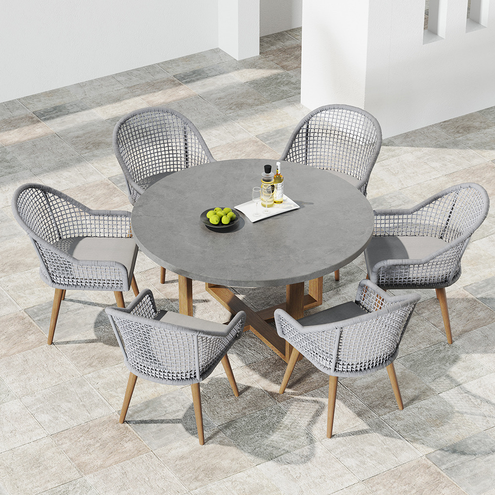 7 Pieces Teak Round Outdoor Concrete Dining Set with Gray Table Woven Armchair 6-Person