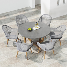 7 Pieces Teak Round Outdoor Concrete Dining Set with Gray Table Woven Armchair 6-Person