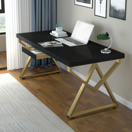 1200mm Modern Rectangular Black Writing Desk with Gold Metal Base Wooden Home Office Desk with Drawer
