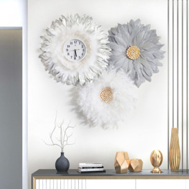 3-Piece Boho Macrame Feather Wall Clock Round Wall Flower Set White & Grey