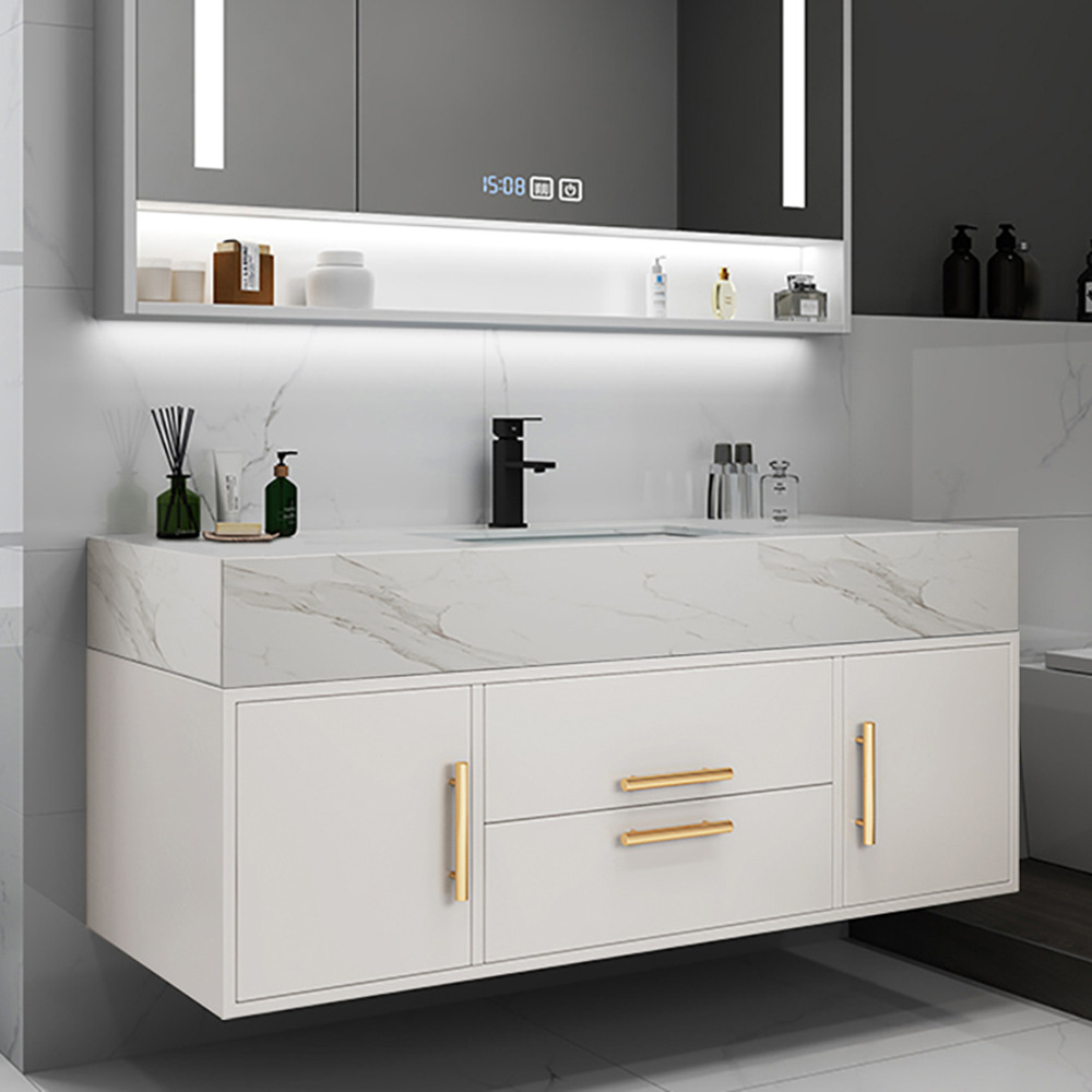 Modern 1000mm White Floating Bathroom Vanity Set Stone Top Wall Mounted Bathroom Cabinet
