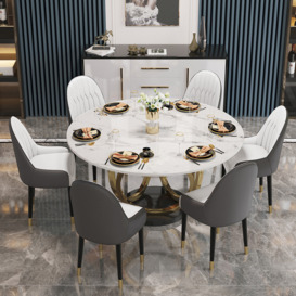 7 Piece Dining Room Set 1350mm Sintered Stone Top Round Dining Table White&Grey 6 Chairs