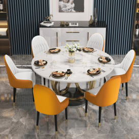 1350mm Round Dining Table Set White Sintered Stone Top White&Orange 6 Chairs