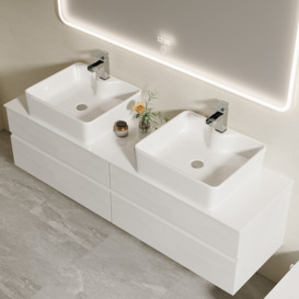 White Floating Bathroom Vanity Set with Faux Marble Top & Ceramic Countertop Basin