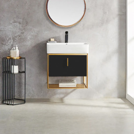 600mm Modern Black Floating Bathroom Vanity with Drawer Shelf Single Ceramic Sink Small