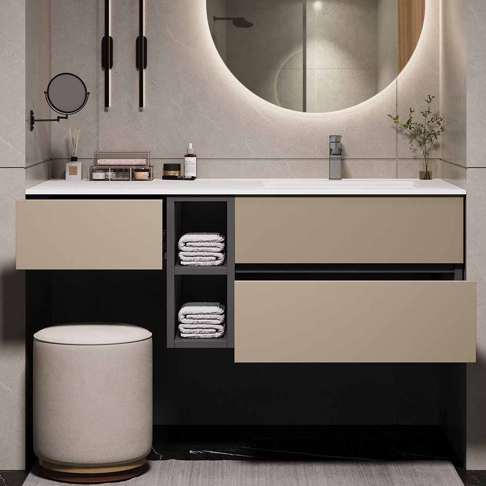 1000mm Modern Floating Bathroom Vanity Set with Single Basin & a Makeup Counter in Khaki
