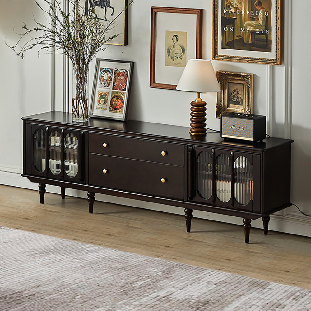 Black Walnut Glass Door TV Stand with Storage & 2 Drawers for TVs Up to 2032mm French