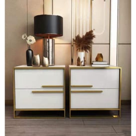 Nightstand Set of 2 White Square Bedside Table with 2 Drawers Minimalist Design in Gold
