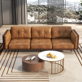 2210mm Wax Leather 3-Seater Sofa in Brown Upholstered with Solid Wood Legs French