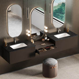 Modern Floating Double Sink Bathroom Vanity Set with Makeup Table Walnut
