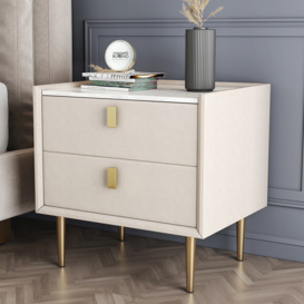 Nightstand Set of Two Modern PU Leather Bedside Table with 2 Drawers & Gold Metal Legs