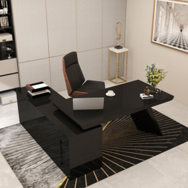 1800mm Black L-Shape Executive Desk Leather Swivel Wheel Chair Office Furniture Set