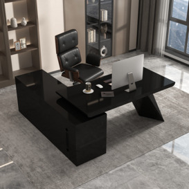 Modern Black L-Shape Executive Desk Swivel Chair Adjustable Height Office Furniture Set
