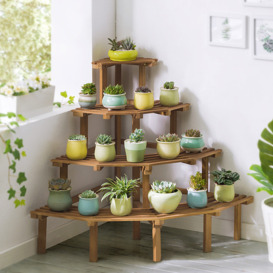 4 Tier Multifunctional Tall Tiered Wood Outdoor Plant Stand Display Shelf Rack Natural