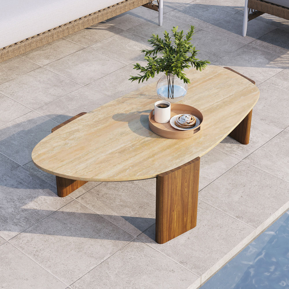Modern Geometric Beige Outdoor Patio Travertine Coffee Table with Wood Stand in Walnut