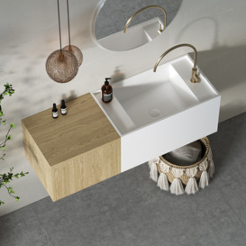 Floating Bathroom Vanity Wall-mounted Single Sink with Cabinet in Light Wood & White