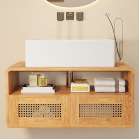 700mm Wood Floating Bathroom Vanity Set Vessel Sink with Rattan Doors Cabinet