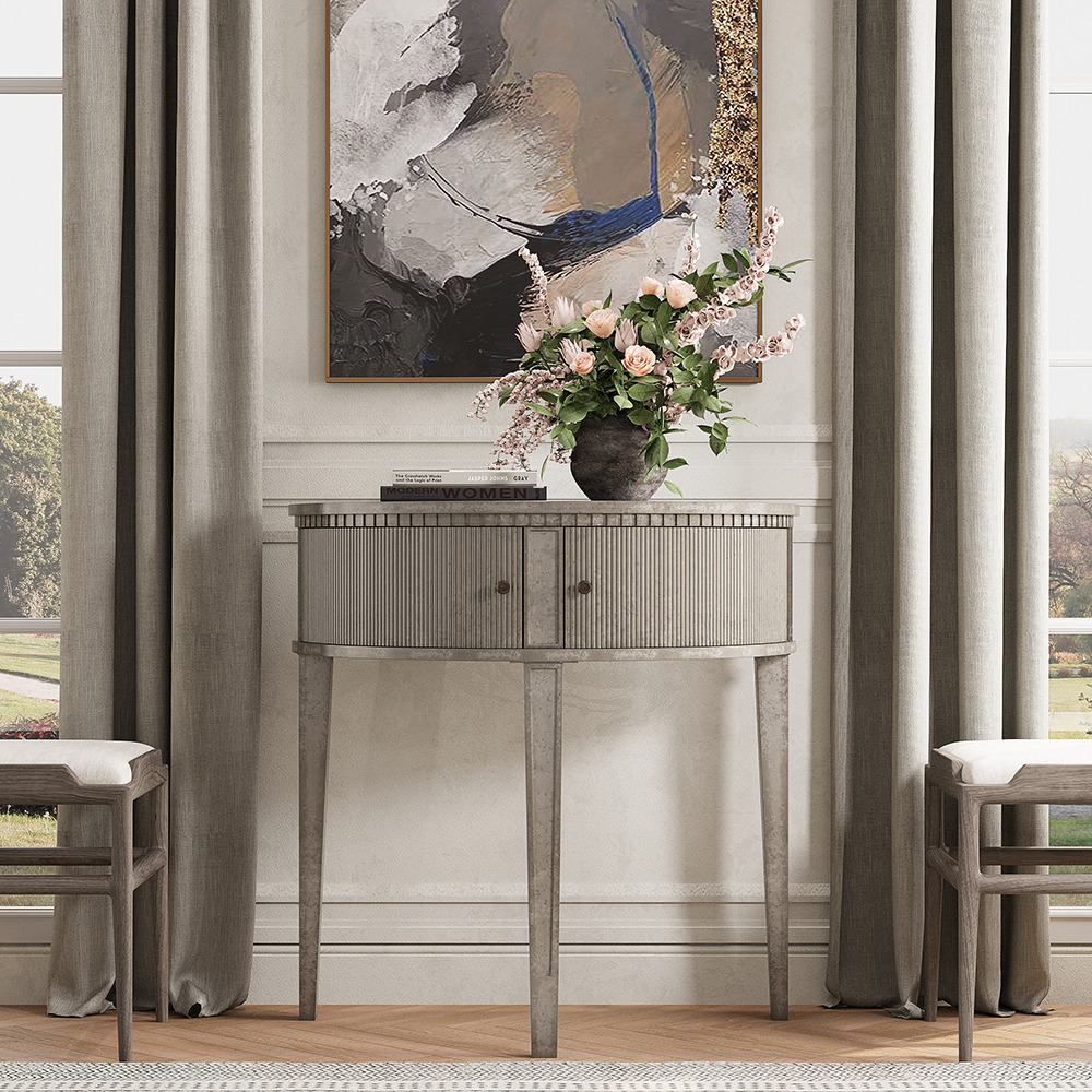 Rustic 810mm Demilune Console Table Distressed Grey Entryway Table with Half Moon Shape & 2 Doors