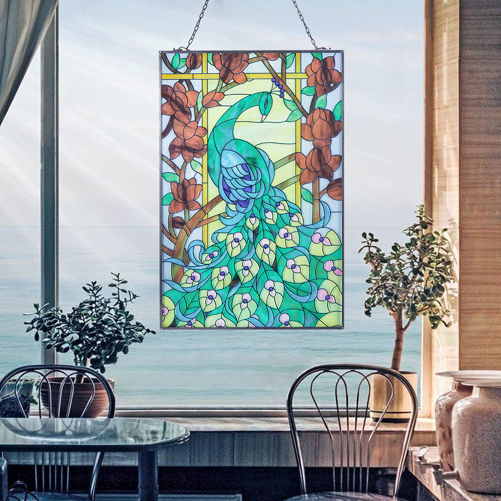 Art Deco Metal Rectangle Peacock Stained Glass Window Wall Art Decor Living Room Bedroom