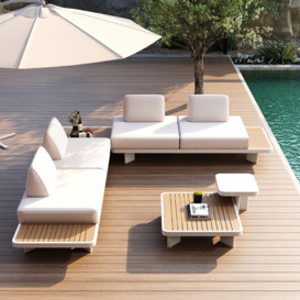 5 Pieces Modern L Shape Outdoor Sectional Sofa Set with Wood Coffee Table White & Brown