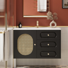 800mm Black Floating Bathroom Vanity Undermount Ceramic Sink with Rattan Door Cabinet