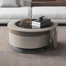 Grey Round Wood Swivel Modern Coffee Table with Storage Wood Accent Table Glass Tabletop