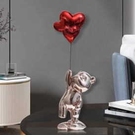 440mm Cute Pink Standing Bear Statue Sculpture Ornament Decor with Red Heart Balloons