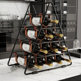 Industrial Black Wine Rack Countertop Faux Leather Triangle 10 Bottles Wine Holder Metal
