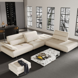 3420mm White Leather Lounge Deep Seat Sectional Sofa with Adjustable Armrest & Backrest