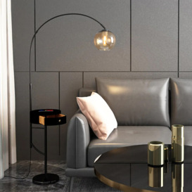 Modern Arc Floor Lamp with Drawer in Gold & White with Glass Shade & Marble Base
